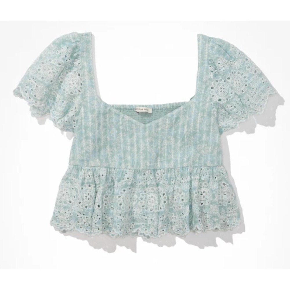 American Eagle Babydoll Top Crop Eyelet Lace Large Dainty Floral Cottage Peasant